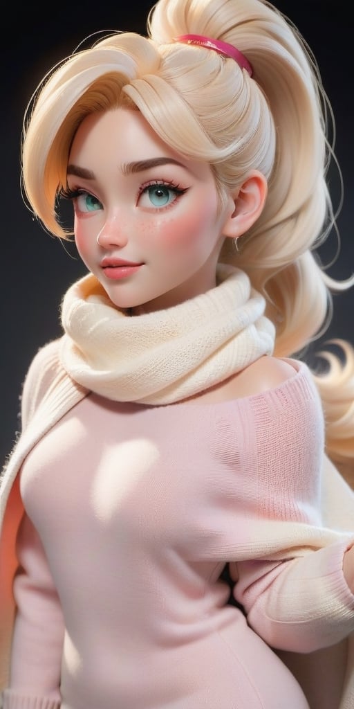 {A highly detailed 3D model in Pixar style}  full-body shot, wide angle, taken from afar, beautiful thin 1m70 tall European 30 years old woman walking. She has oval face with pointy chin and slighlty squared jaw, voluminous messy platinum blonde hair in ponytail hairstyle, side-swept bangs, large shining bright seafoam green emerald eyes, thick eyelashes, light blonde arched eyebrows, round reddish blushed cheeks, small upturned red cute nose with a rosy tint, reddish-pink lips, lot of freckles, pointed chin. Her skin is smooth and slightly tanned with matte finish, and her cheeks are subtly blushed.  She is busty but has thin waist, She should be normally proportionate, with a head that is 1/8th her height. She has a balanced hourglass figure with really big beautiful generous round breast with pointing pink nipple, firm beautiful butt, slender legs, athletic build. She's wearing a classy and comfy winter outfit with wool sweater, big wool scarf and long coat and beautiful high heel boots. She has charming air, and confident allure,3d toon full body visible pose,gougou,aw0k euphoric style