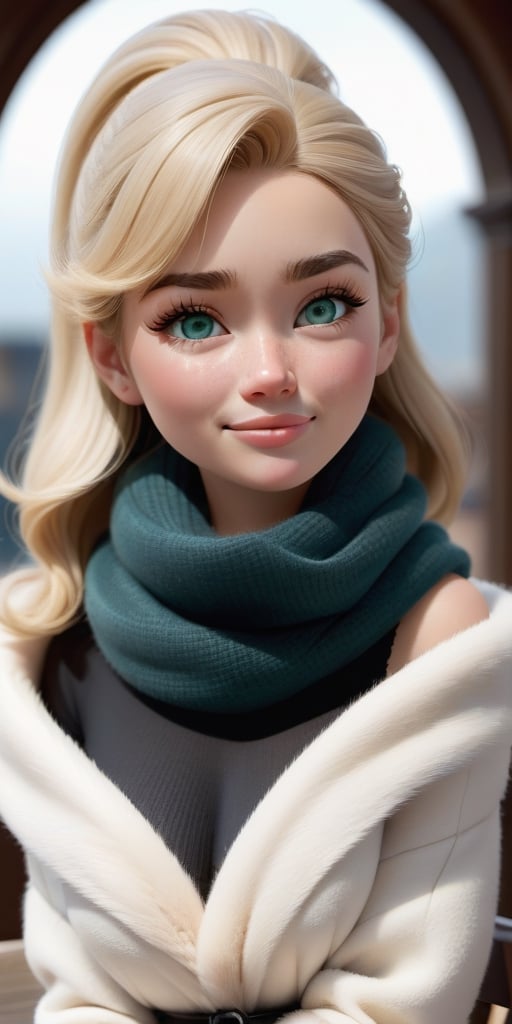 {A highly detailed 3D model in Pixar style}  full-body shot, wide angle, taken from afar, beautiful thin 1m70 tall European 30 years old woman sitting at a terrace drinking a hot chocolate. She has oval face with pointy chin and slighlty squared jaw, voluminous messy platinum blonde hair in ponytail hairstyle, side-swept bangs, large shining bright seafoam green emerald eyes, thick eyelashes, light blonde arched eyebrows, round reddish blushed cheeks, small upturned red cute nose with a rosy tint, reddish-pink lips, lot of freckles, pointed chin. Her skin is smooth and slightly tanned with matte finish, and her cheeks are subtly blushed.  She is busty but has thin waist, She should be normally proportionate, with a head that is 1/8th her height. She has a balanced hourglass figure with really big beautiful generous round breast with pointing pink nipple, firm beautiful butt, slender legs, athletic build. She's wearing a classy and comfy wool sweater, a dress and black tights, big wool scarf and long fur coat and beautiful high heel boots. She has charming air, and confident allure,3d toon full body visible pose,gougou,aw0k euphoric style