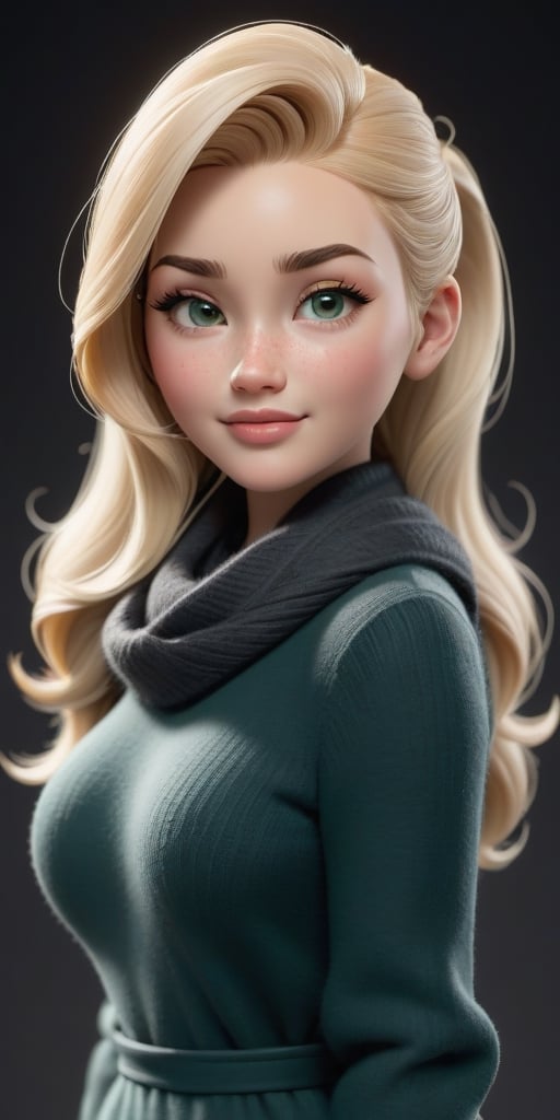 {A highly detailed 3D model in Pixar style}  full-body shot, wide angle, taken from afar, beautiful thin 1m70 tall European 30 years old woman walking. She has oval face with pointy chin and slighlty squared jaw, voluminous messy platinum blonde hair in ponytail hairstyle, side-swept bangs, large shining bright seafoam green emerald eyes, thick eyelashes, light blonde arched eyebrows, round reddish blushed cheeks, small upturned red cute nose with a rosy tint, reddish-pink lips, lot of freckles, pointed chin. Her skin is smooth and slightly tanned with matte finish, and her cheeks are subtly blushed.  She is busty but has thin waist, She should be normally proportionate, with a head that is 1/8th her height. She has a balanced hourglass figure with really big beautiful generous round breast with pointing pink nipple, firm beautiful butt, slender legs, athletic build. She's wearing a classy and comfy winter outfit with wool sweater, big wool scarf and long coat and beautiful high heel boots. She has charming air, and confident allure,3d toon full body visible pose,gougou,aw0k euphoric style