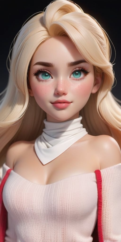 {A highly detailed 3D model in Pixar style}  full-body shot, wide angle, taken from afar, beautiful thin 1m70 tall European 30 years old woman walking. She has oval face with pointy chin and slighlty squared jaw, voluminous messy platinum blonde hair in ponytail hairstyle, side-swept bangs, large shining bright seafoam green emerald eyes, thick eyelashes, light blonde arched eyebrows, round reddish blushed cheeks, small upturned red cute nose with a rosy tint, reddish-pink lips, lot of freckles, pointed chin. Her skin is smooth and slightly tanned with matte finish, and her cheeks are subtly blushed.  She is busty but has thin waist, She should be normally proportionate, with a head that is 1/8th her height. She has a balanced hourglass figure with really big beautiful generous round breast with pointing pink nipple, firm beautiful butt, slender legs, athletic build. She's wearing a classy and comfy winter outfit with wool sweater, big wool scarf and long coat and beautiful high heel boots. She has charming air, and confident allure,3d toon full body visible pose,gougou,aw0k euphoric style