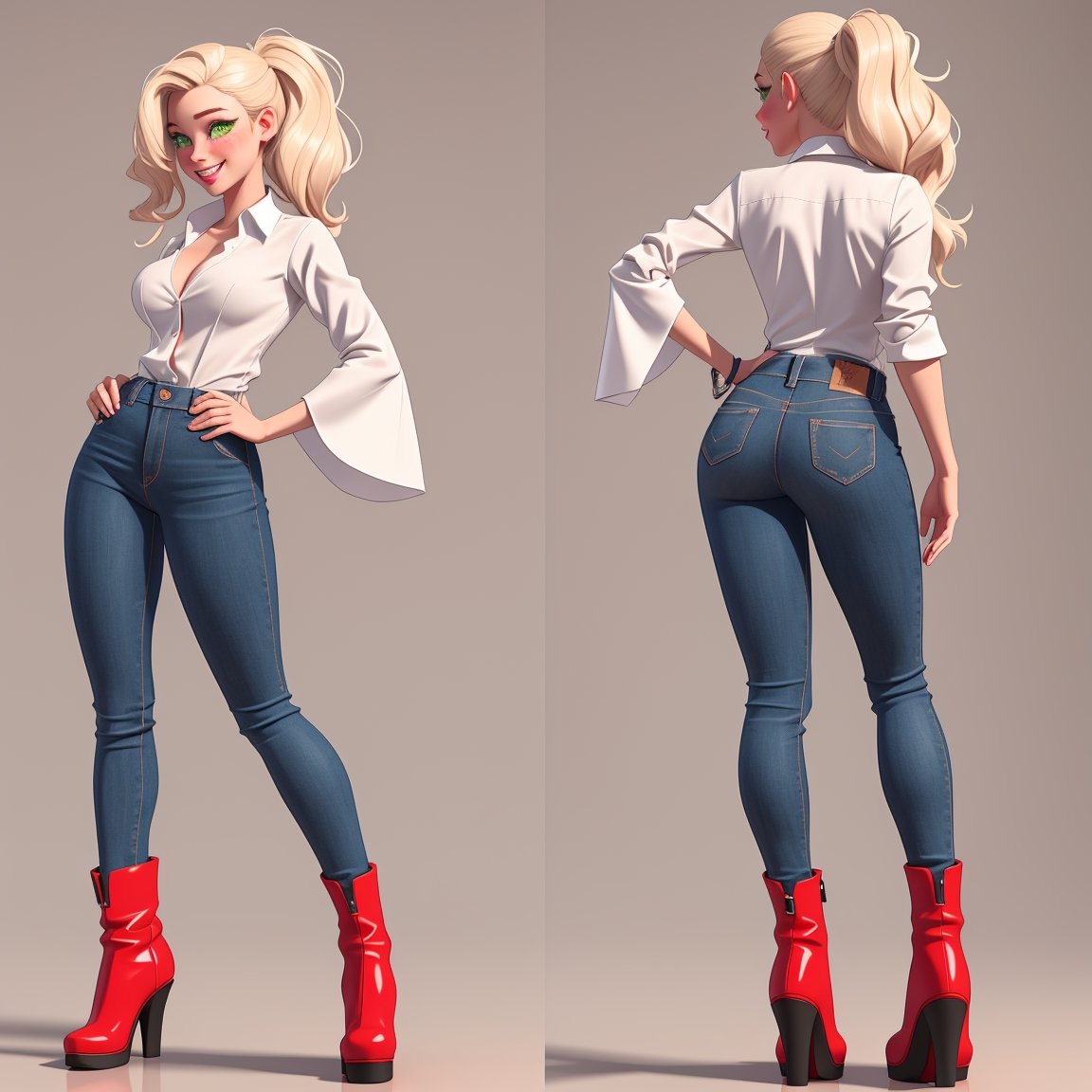 multiple views, multiple angle shoot, showing her luscious body in a outrageous pose, full body, upper body, reference sheet,, {A highly detailed 3D model in Pixar style}  full-body shot, wide angle shot, taken from afar, beautiful thin  sexy 1m70 tall European 30 years old woman. She has oval face with pointy chin and slighlty squared jaw, voluminous messy platinum blonde hair in ponytail hairstyle, side-swept bangs, large shining bright seafoam green emerald eyes, thick eyelashes, light blonde arched eyebrows, round reddish blushed cheeks, small upturned red cute nose with a rosy tint, reddish-pink lips, lot lot lot of freckles all over the body, pointed chin. Her skin is smooth and slightly tanned with matte finish, and her cheeks are subtly blushed.  She is busty but has thin waist, She should be normally proportionate, with a head that is 1/8th her height. She has a balanced hourglass figure with really big beautiful generous round breast and firm beautiful butt, slender legs, athletic build. She's wearing a white shirt tied at the waist with the sleeves rolled up, a neckline that's wide open over the red bra, low-rise skinny  blue jeans revealing a frivolous, sexy red thong protruding from the jeans and high leather ankle boots with suede leather heels. She has charming air with frank smile, and confident allure, discreet smile, luscious air, appealing, 3d toon full body visible pose, ,inst4 style,1girl ,REALISTIC,Sexy Pose,Styles Pose