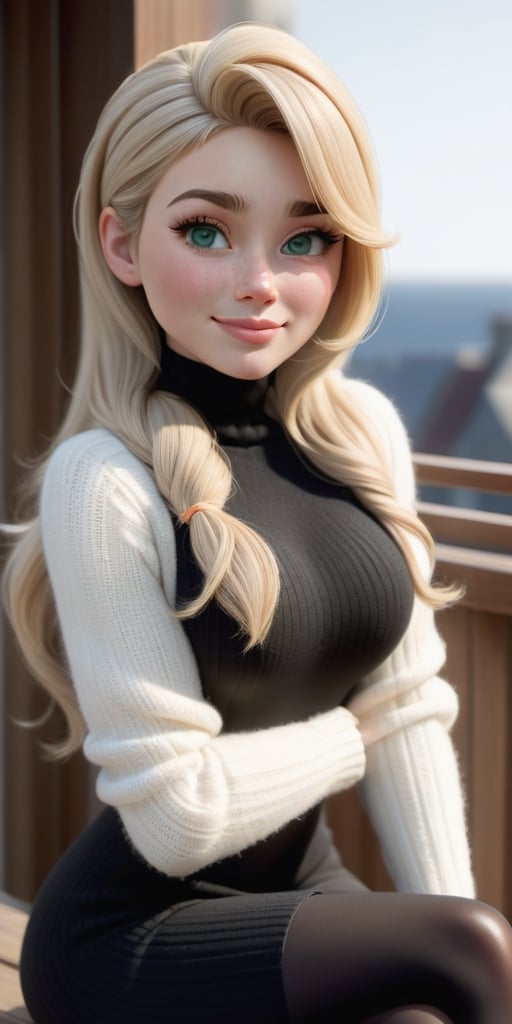 {A highly detailed 3D model in Pixar style}  full-body shot, wide angle, taken from afar, beautiful thin 1m70 tall European 30 years old woman sitting at a terrace drinking a hot chocolate. She has oval face with pointy chin and slighlty squared jaw, voluminous messy platinum blonde hair in ponytail hairstyle, side-swept bangs, large shining bright seafoam green emerald eyes, thick eyelashes, light blonde arched eyebrows, round reddish blushed cheeks, small upturned red cute nose with a rosy tint, reddish-pink lips, lot of freckles, pointed chin. Her skin is smooth and slightly tanned with matte finish, and her cheeks are subtly blushed.  She is busty but has thin waist, She should be normally proportionate, with a head that is 1/8th her height. She has a balanced hourglass figure with really big beautiful generous round breast with pointing pink nipple, firm beautiful butt, slender legs, athletic build. She's wearing a classy and comfy winter outfit with wool sweater, big wool scarf and long coat and beautiful high heel boots. She has charming air, and confident allure,3d toon full body visible pose,gougou,aw0k euphoric style