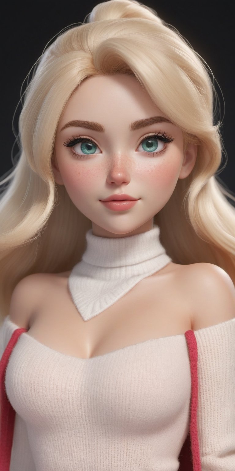 {A highly detailed 3D model in Pixar style}  full-body shot, wide angle, taken from afar, beautiful thin 1m70 tall European 30 years old woman walking. She has oval face with pointy chin and slighlty squared jaw, voluminous messy platinum blonde hair in ponytail hairstyle, side-swept bangs, large shining bright seafoam green emerald eyes, thick eyelashes, light blonde arched eyebrows, round reddish blushed cheeks, small upturned red cute nose with a rosy tint, reddish-pink lips, lot of freckles, pointed chin. Her skin is smooth and slightly tanned with matte finish, and her cheeks are subtly blushed.  She is busty but has thin waist, She should be normally proportionate, with a head that is 1/8th her height. She has a balanced hourglass figure with really big beautiful generous round breast with pointing pink nipple, firm beautiful butt, slender legs, athletic build. She's wearing a classy and comfy winter outfit with wool sweater, big wool scarf and long coat and beautiful high heel boots. She has charming air, and confident allure,3d toon full body visible pose,gougou,aw0k euphoric style