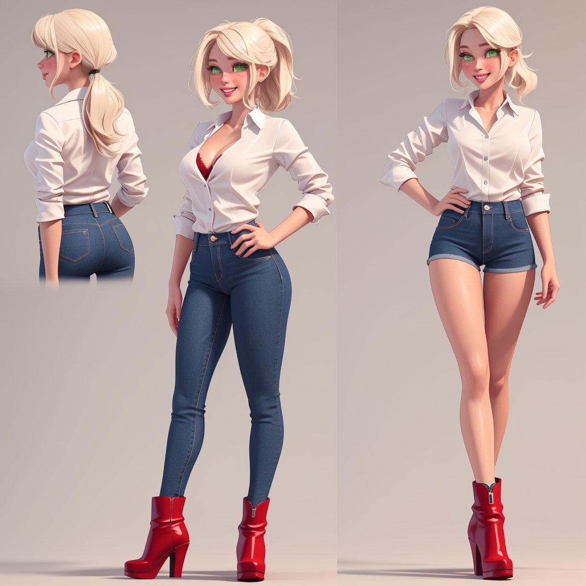 multiple views, multiple angle shoot, showing her luscious body in a outrageous pose, full body, upper body, reference sheet,, {A highly detailed 3D model in Pixar style}  full-body shot, wide angle shot, taken from afar, beautiful thin  sexy 1m70 tall European 30 years old woman. She has oval face with pointy chin and slighlty squared jaw, voluminous messy platinum blonde hair in ponytail hairstyle, side-swept bangs, large shining bright seafoam green emerald eyes, thick eyelashes, light blonde arched eyebrows, round reddish blushed cheeks, small upturned red cute nose with a rosy tint, reddish-pink lips, lot lot lot of freckles all over the body, pointed chin. Her skin is smooth and slightly tanned with matte finish, and her cheeks are subtly blushed.  She is busty but has thin waist, She should be normally proportionate, with a head that is 1/8th her height. She has a balanced hourglass figure with really big beautiful generous round breast and firm beautiful butt, slender legs, athletic build. She's wearing a white shirt tied at the waist with the sleeves rolled up, a neckline that's wide open over the red bra, low-rise skinny  blue jeans revealing a frivolous, sexy red thong protruding from the jeans and high leather ankle boots with suede leather heels. She has charming air with frank smile, and confident allure, discreet smile, luscious air, appealing, 3d toon full body visible pose, ,inst4 style,1girl ,REALISTIC,Sexy Pose,Styles Pose