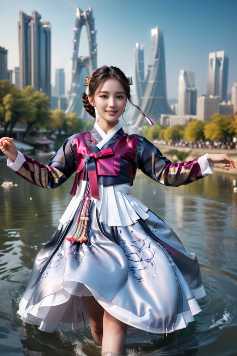 Korean girl, fan dancing, in the river with a view of the city, gothic cyber style hanbok outfit, petite and cute face, smile, messy_hair, bangs, Futuristic, innovative, technology, photo, realistic, Portrait, White Balance, best quality, 4k