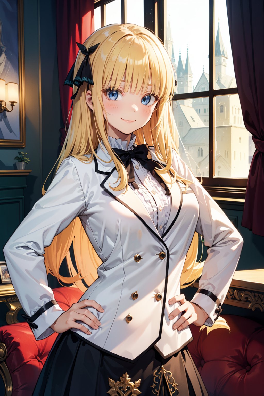 window, castle, (ultra detailed), masterpiece, breasts, best quality, aesthetics, detailed, alone, soft smile, light smile, 1 girl, blue eyes, (long hair), (yellow hair), sensual, (big breasts, formed chest, 1girl, (different poses, (blush),  Hair intakes, curvy, Slender, anime, girl, sexy, cute, upper torso, Slender fingers, perfect anatomy, extremely detailed, (perfect hands, perfect anatomy), (hand on hip), luxury room, royalty room,JulietPersia, bangs, juliet persia, long hair, bangs, blue eyes, blonde hair, black ribbon, side black bow, side hair ribbon, side hair bow,JulietPersia, blonde eyelashes, perfect fingers , (JulietSchoolUniform), hair ribbon, 1girl, solo, smile, (white jacket, black skirt)