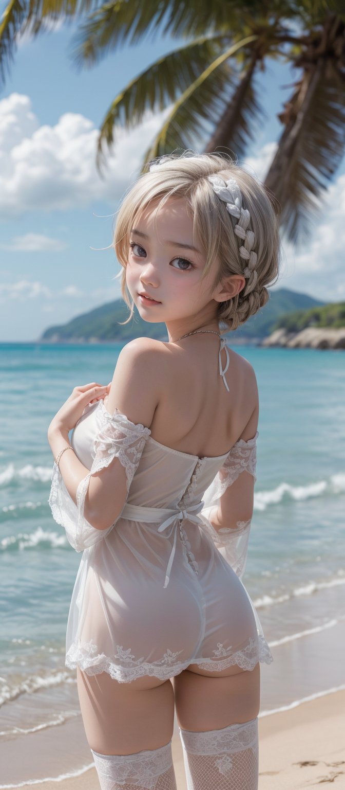 (masterpiece, best quality,more detail:1.5),
((braided princess middle short hair)),
((On beautiful beach ,view from behind, looking back)) ,
((Very lewded loli:1.5))
look at viewer,


(Lewed pose:1.3),
light silvery white hair:1.5)),

(extremely realistic skin texture:1.5),
(Realism),
 
((very sexy  topless see through lace wedding kimono and very sexy lace fishnet garther
stockings exposed pussy:1.3)), (slender) ,(big breast), blush,((prefect body ratio:1.3)), 
excellent quality, (smile), hyper detailed, (15k hdr),  good lighting, Epic Composition, (14 years old Korea girl), ((loli with big breast)), childhood, baby pussy, beautiful pussy, young girl, 
,CUTE,kleedef, Portrait,((1 girl))
,kurumi \(lycoris recoil\),