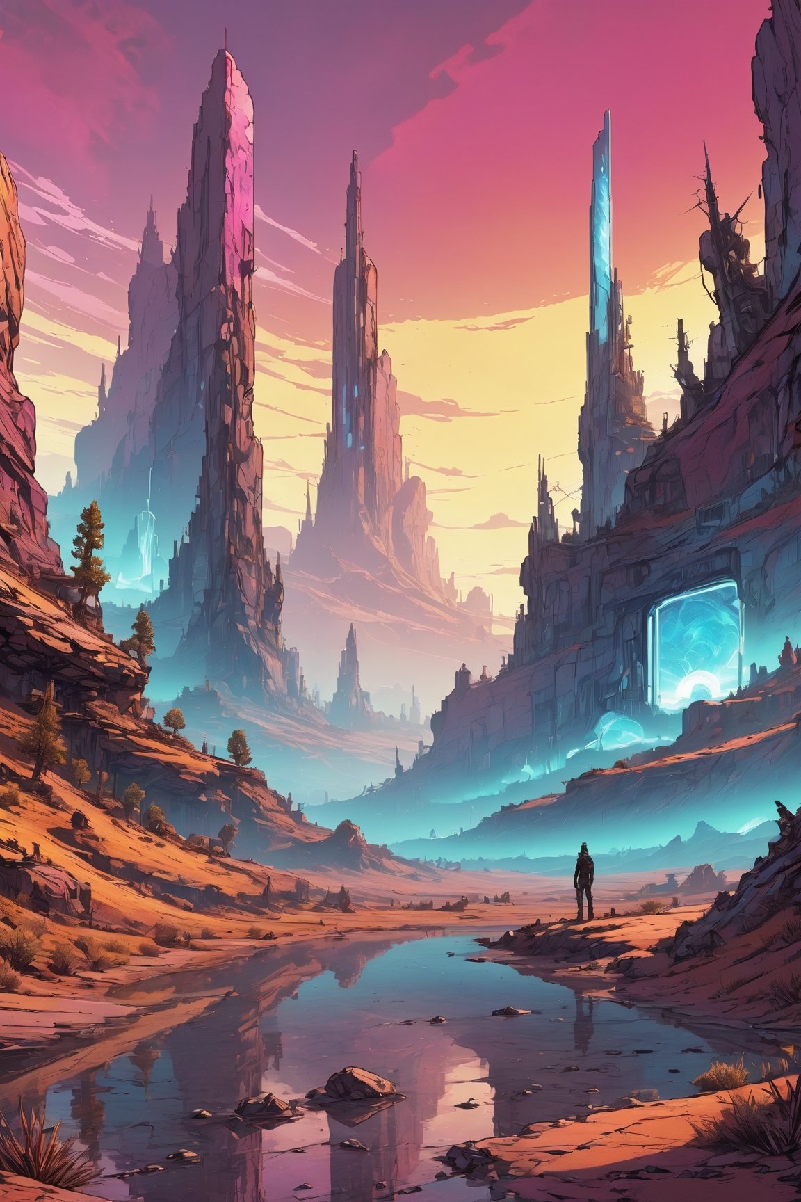 on a alien planet looking over giant valley landscape, neon lights and far horizons. few trees near a crystalized reflective lake.,Comic Book-Style 2d,2d