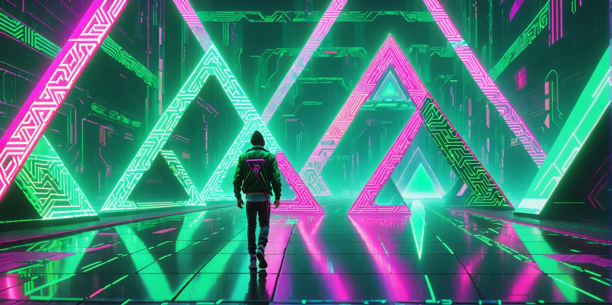 Long road leading to a triangle portal, one man walking to the portal, triangle portal, extremely detailed, complex, bright neon lights, pink, green, cybernetic, reflection, high saturation, DonMCyb3rSp4c3XL,DonMCyb3rSp4c3XL, cyber, cyberpunk, (((low camera noise))), 1 male