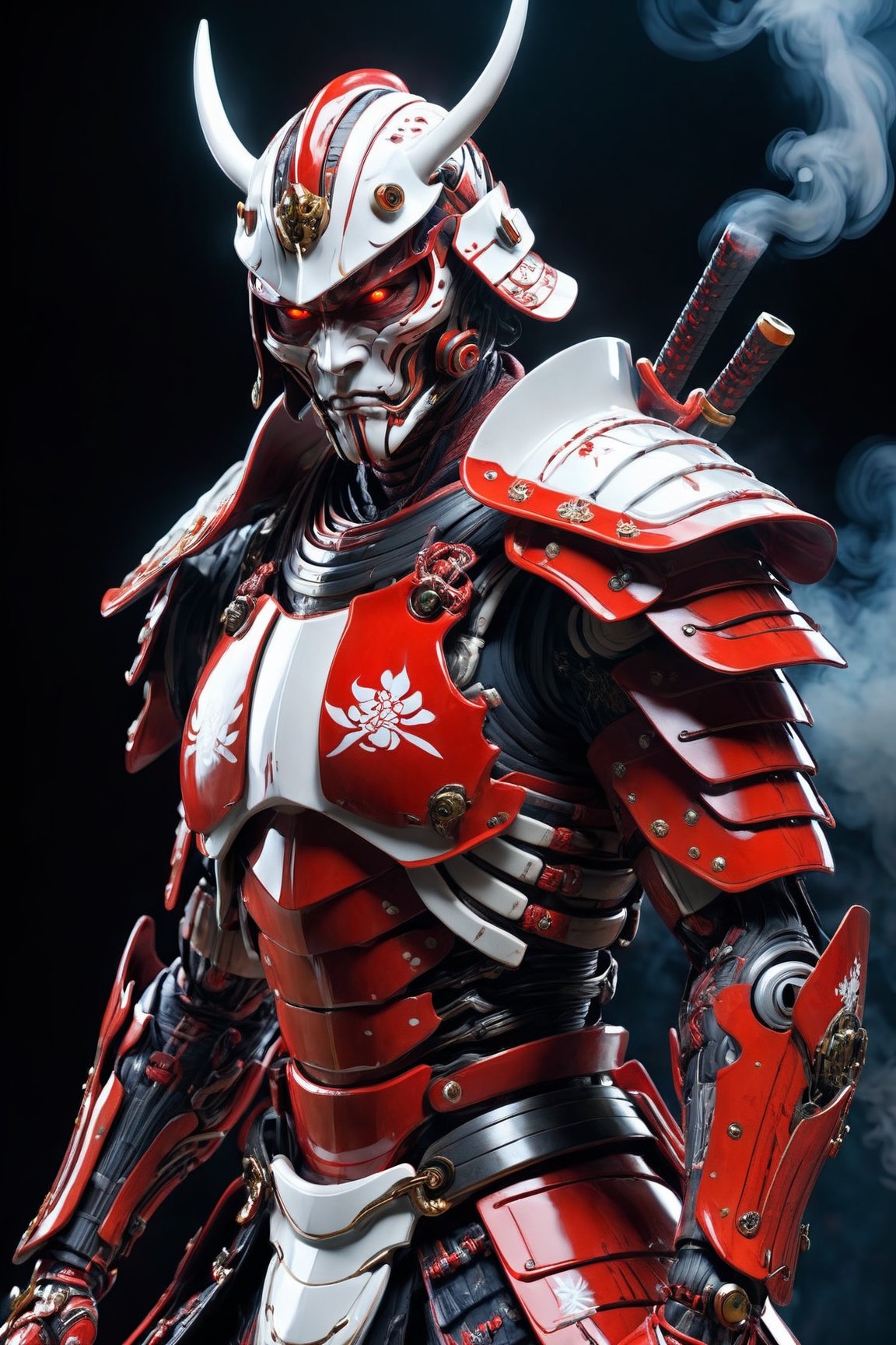 ultra Realistic cyborg samurai,Wearing RED and white Samurai Armor,high futuristic cyberpunk style, vibrant colour smoke,incredibly detailed, dark, key visuals, atmospheric, highly realistic,ultra Quality ray tracing