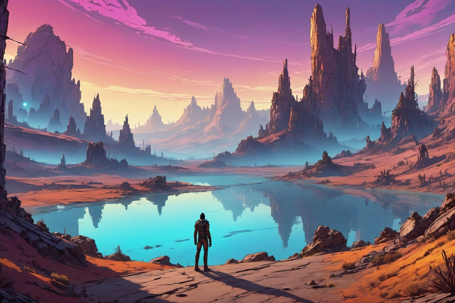 on a alien planet looking over giant valley landscape, neon lights and far horizons. few trees near a crystalized reflective lake.,Comic Book-Style 2d,2d