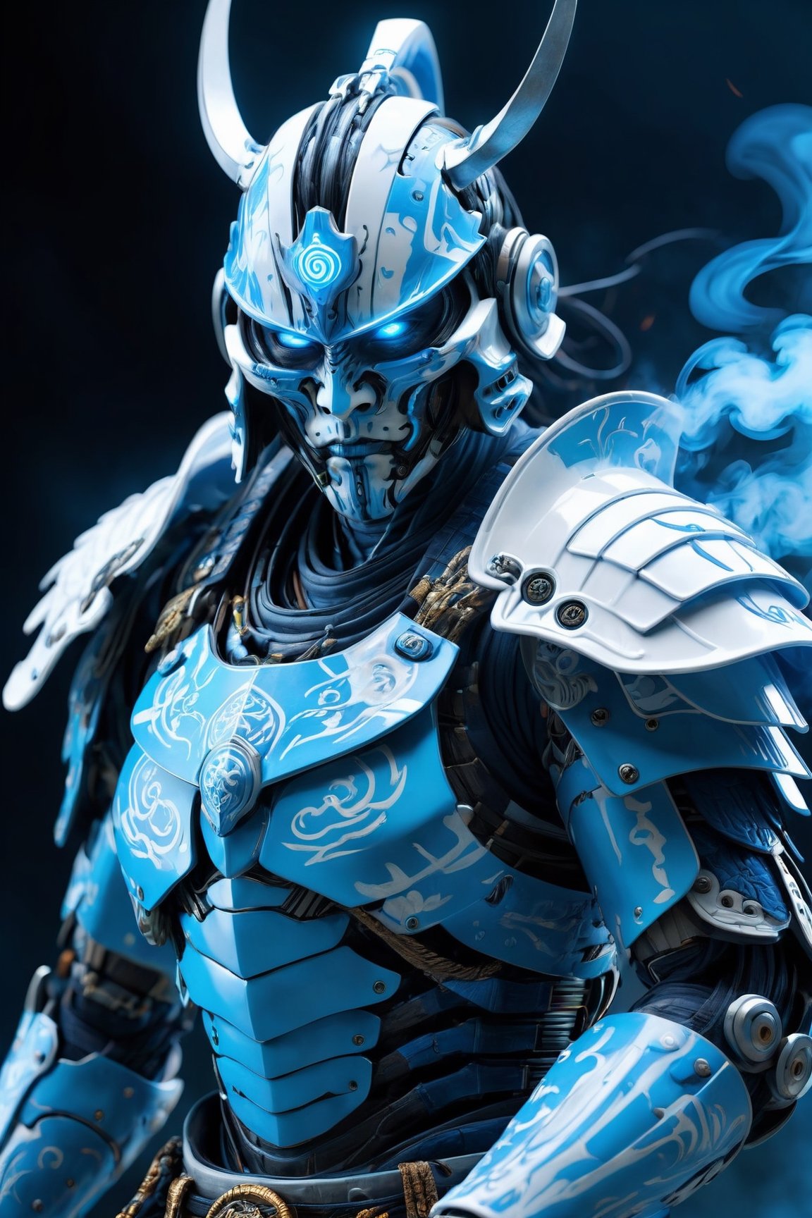 ultra Realistic cyborg samurai,Wearing light blue and white Samurai Armor,high futuristic cyberpunk style, vibrant colour smoke,incredibly detailed, dark, key visuals, atmospheric, highly realistic,ultra Quality ray tracing