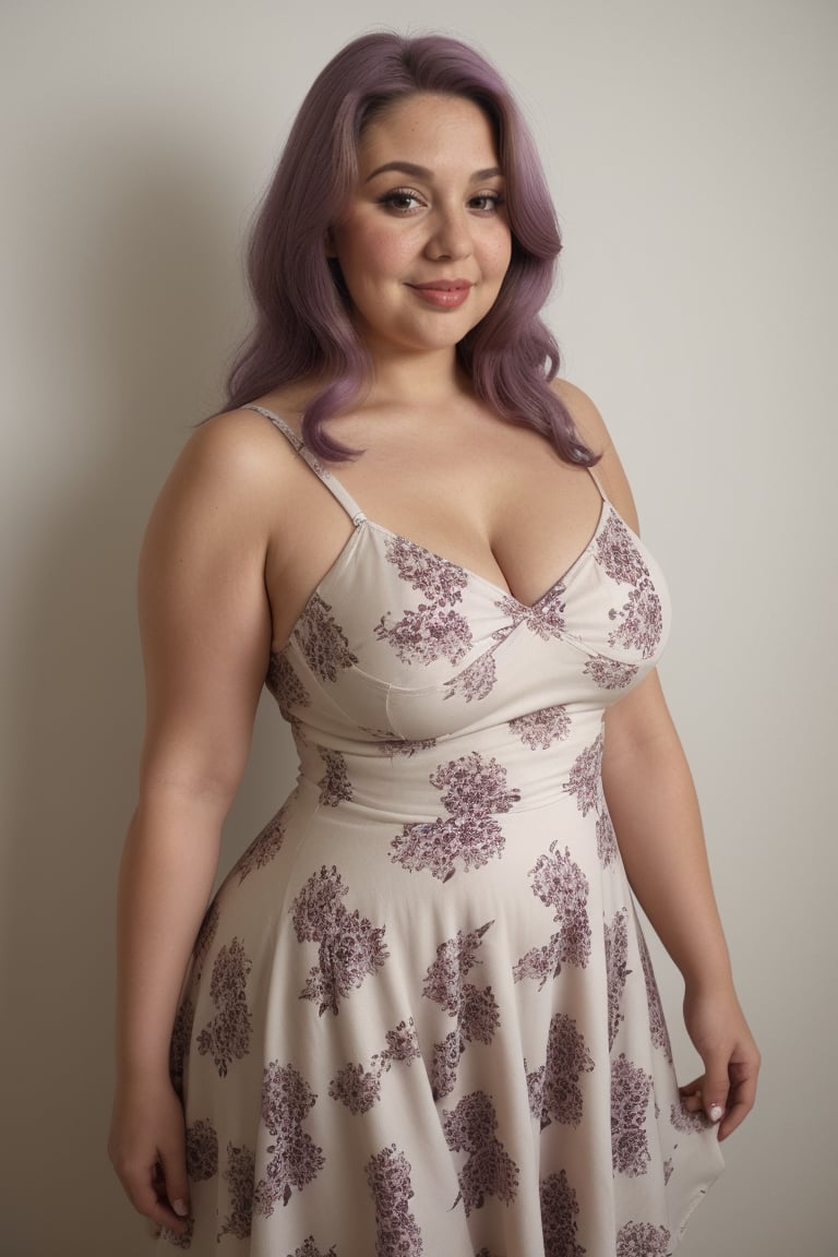 60 years old, wearing floral v_neck Plus Size  Skater Dress, chubby_curvy_female, mature looking_at_the_viewer, light_purple_hair, round beautiful belly tummy with dress, big_booty in dress, show details big_buttocks in dress, large_thighs, big curve_breasts, curvy body dress, straight_hair, long_hair, pov_eye_contact,looking_at_the_viewer, wearing Plus Size Margo Skater Dress, old woman, wrinkled skin, white_hair, at random places, random_pose