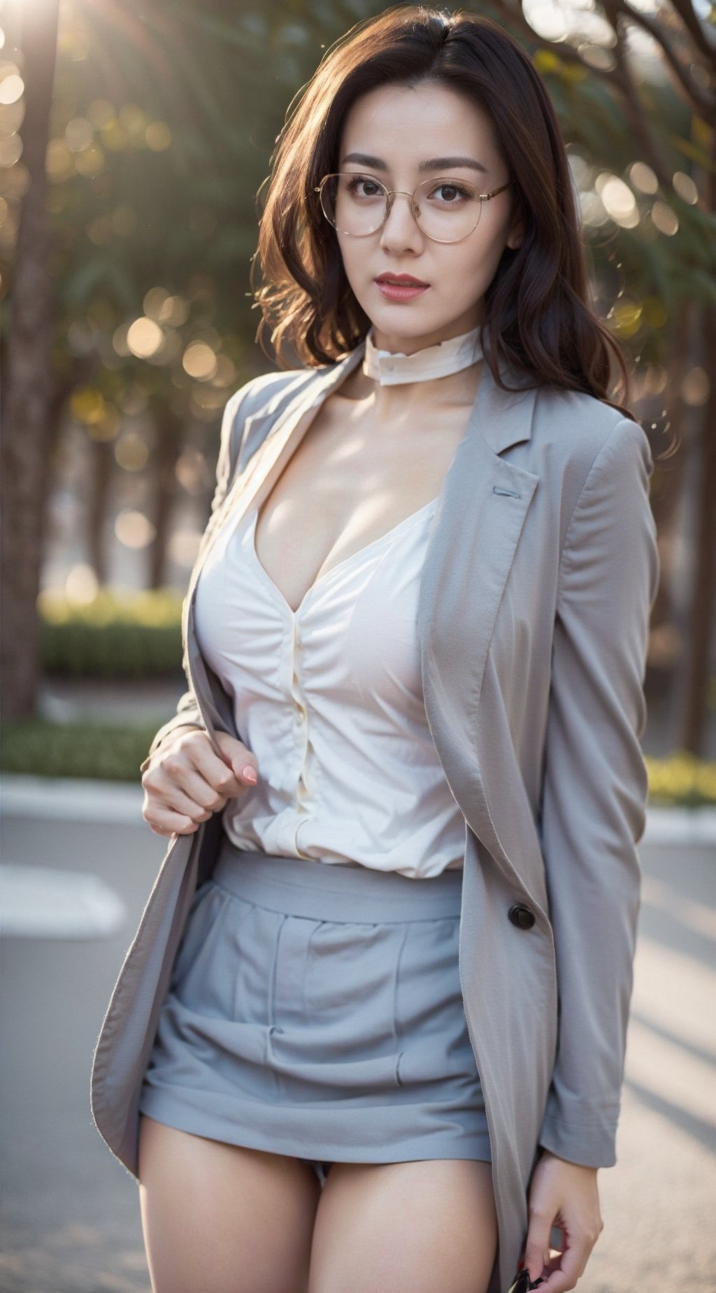 Masterpiece,best quality,official art asian,teen, long brunette curly hair, sky blue formal suit, ,choker,glasses dynamic lighting,Portrait,dream_girl,Photorealism, dynamic pose,flash, sexy pose, 
