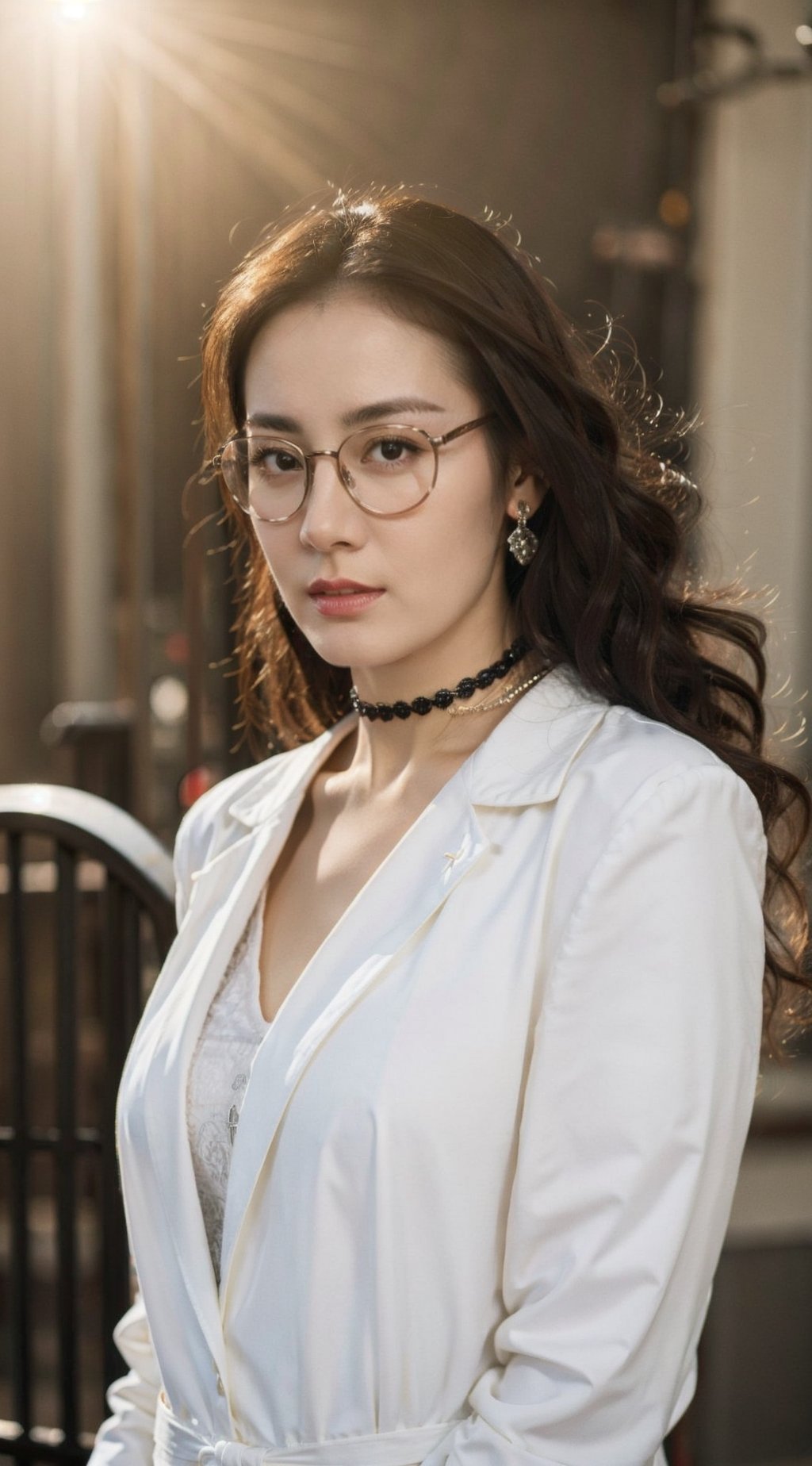 Masterpiece,best quality,official art asian,teen, long brunette curly hair, random color formal suit, ,choker,glasses dynamic lighting,Portrait,dream_girl,Photorealism, dynamic pose,flash, sexy pose, full body portrait, earing, necklace