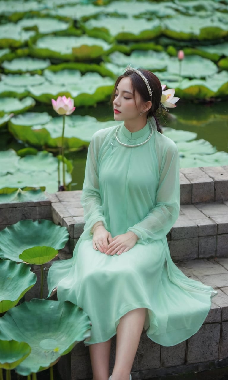 xxmixgirl, (masterpiece:1.3), (highest quality:1.4), (HDR:1.0), a girl with long hair looking at sky, with lotus lake background and an aotac dress, constant, a character portrait, synchronization, detailed, realistic, 8k uhd, high quality, xxmix_girl , showing_armpits, armpits,xxmix_girl, intercourse,  armpit , aotac