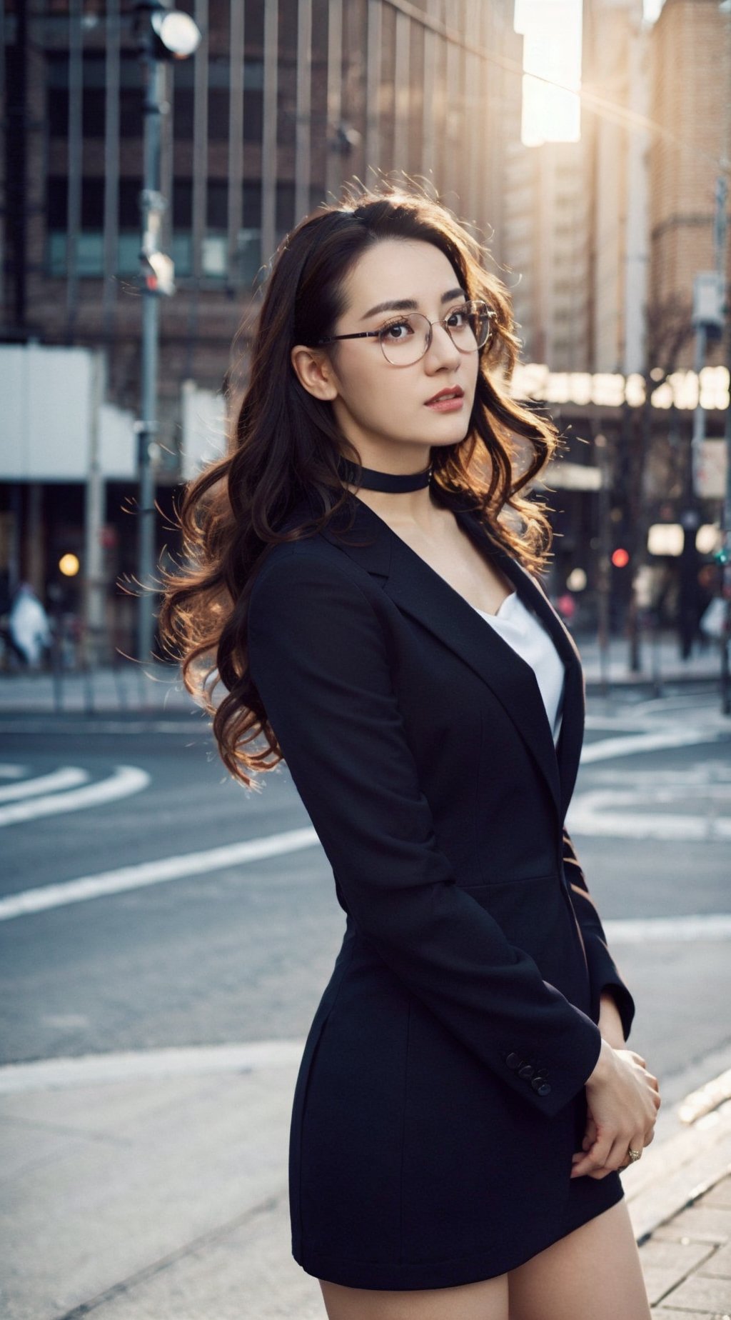 Masterpiece,best quality,official art asian,teen, long brunette curly hair, sky blue formal suit, ,choker,glasses dynamic lighting,Portrait,dream_girl,Photorealism, dynamic pose,flash, sexy pose, lifting skirt