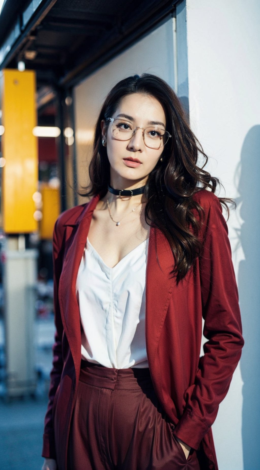 Masterpiece,best quality,official art asian,teen, long brunette curly hair, random color formal suit, ,choker,glasses dynamic lighting,Portrait,dream_girl,Photorealism, dynamic pose,flash, sexy pose, full body portrait, earing, necklace