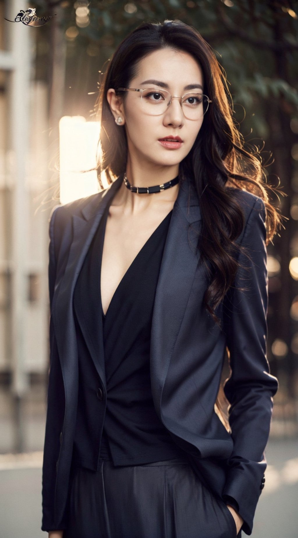Masterpiece,best quality,official art asian,teen, long brunette curly hair, random color formal suit, ,choker,glasses dynamic lighting,Portrait,dream_girl,Photorealism, dynamic pose,flash, sexy pose, full body portrait, earing, necklace