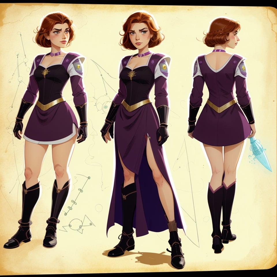 character sheet illustration, female space warrior, role play character, full body, science fiction, illustration, turnaround sheet, futuristic clothing, futuristic armor, eye contact, looking at viewer, brunette ginger, black and purple dress, illustration