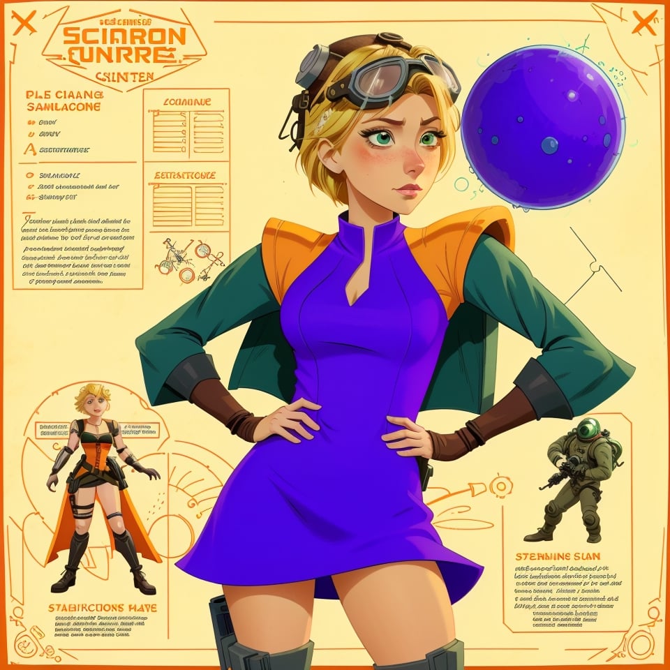 character sheet illustration, female space warrior, role play character, full body, science fiction, illustration, turnaround sheet, futuristic clothing, futuristic armor, eye contact, looking at viewer, short blonde hair, goggles, green eyes, orange and purple dress, illustration
