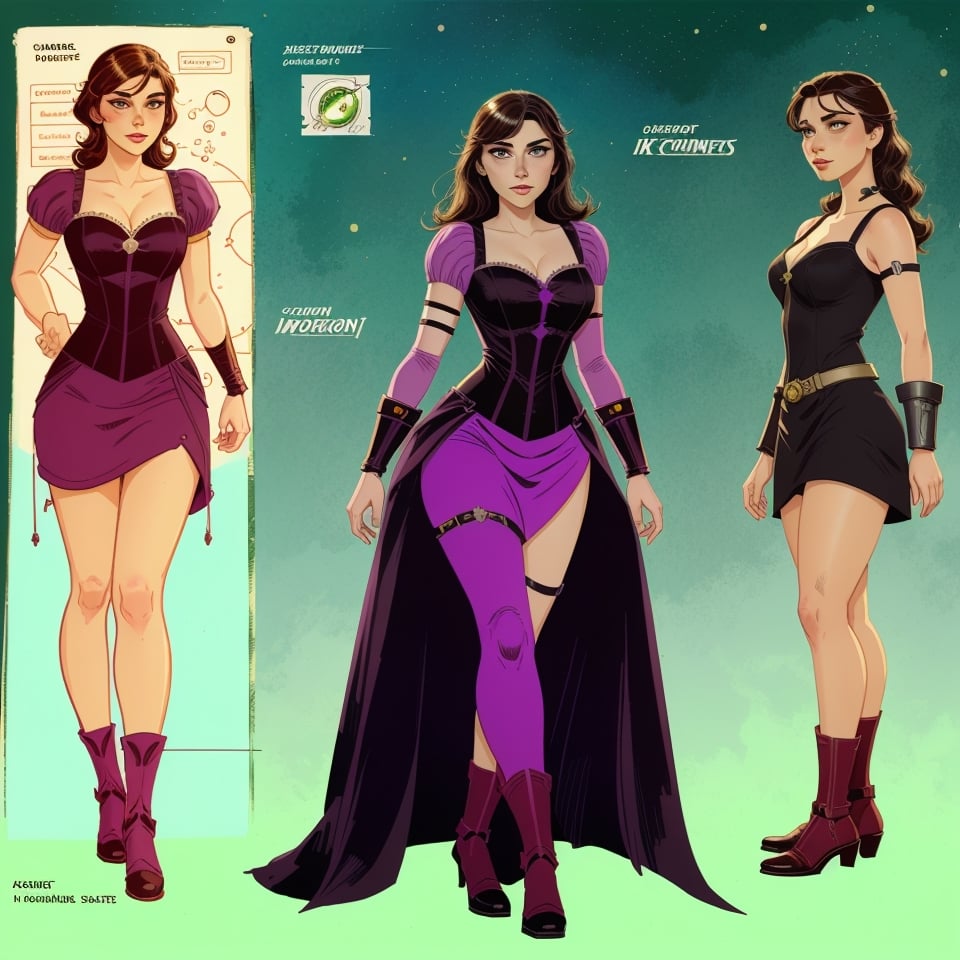 character sheet illustration, female space warrior, role play character, full body, science fiction, illustration, turnaround sheet, futuristic clothing, futuristic armor, eye contact, looking at viewer, brunette, black and purple dress, illustration