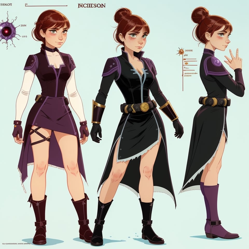 character sheet illustration, female space warrior, role play character, full body, science fiction, illustration, turnaround sheet, futuristic clothing, futuristic armor, eye contact, looking at viewer, Anna from Frozen, black and purple dress
