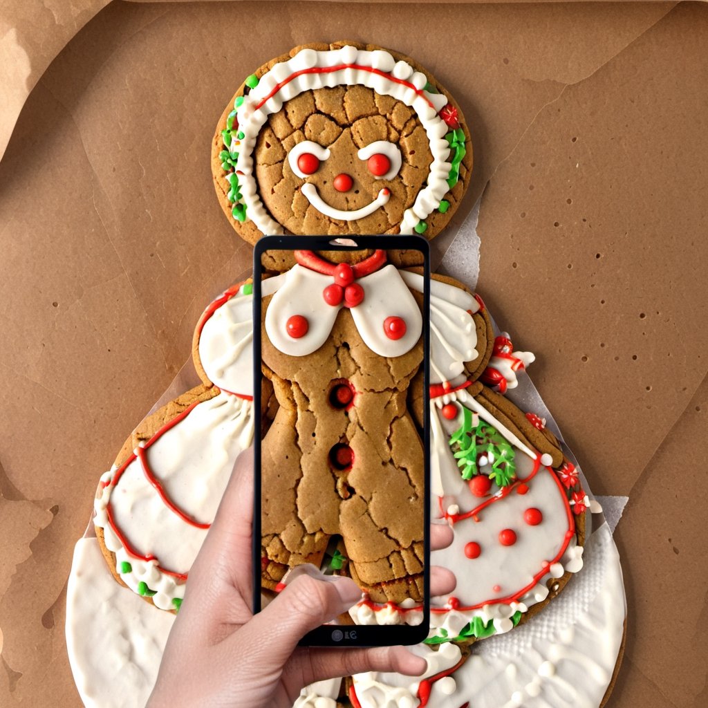 majikfone, smartphone photo, a gingerbread woman cookie, wearing a dress made of white icing, majikfone 