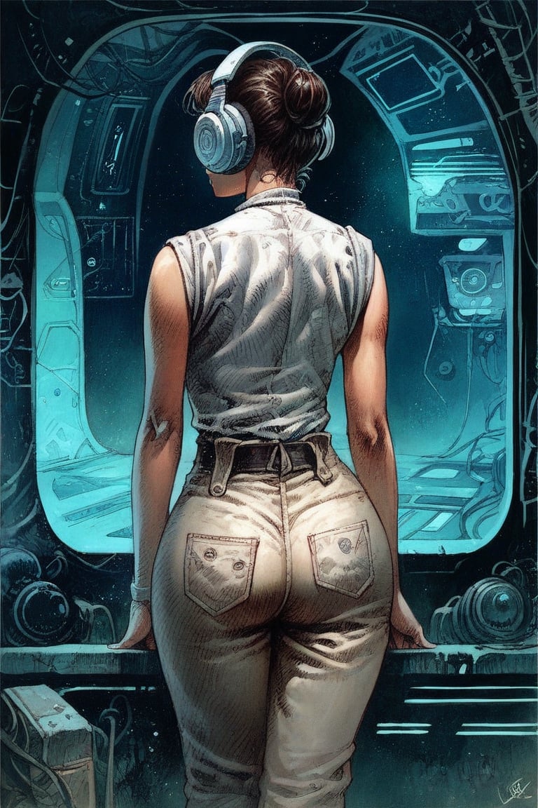 score_9,score_8_up,score_7_up,score_6_up, score_5_up, 1girl, Detailed illustration, portrait of a science fiction character, female, 38-years old, indoors, gritty, futuristic clothing, beautiful, pants, armor, headphones, jumpsuit, electronics, circuitry, from behind
