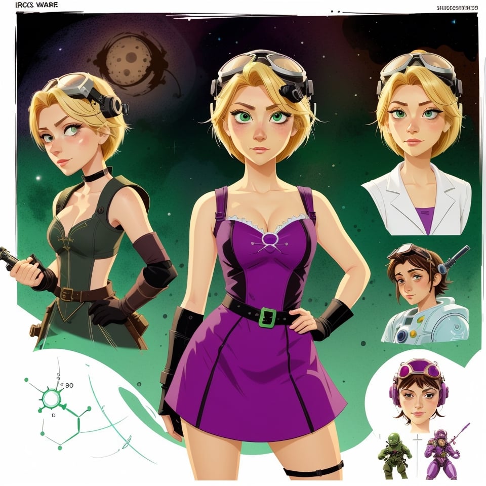 character sheet illustration, female space warrior, role play character, full body, science fiction, illustration, turnaround sheet, futuristic clothing, futuristic armor, eye contact, looking at viewer, short blonde hair, goggles, green eyes, black and purple dress, illustration