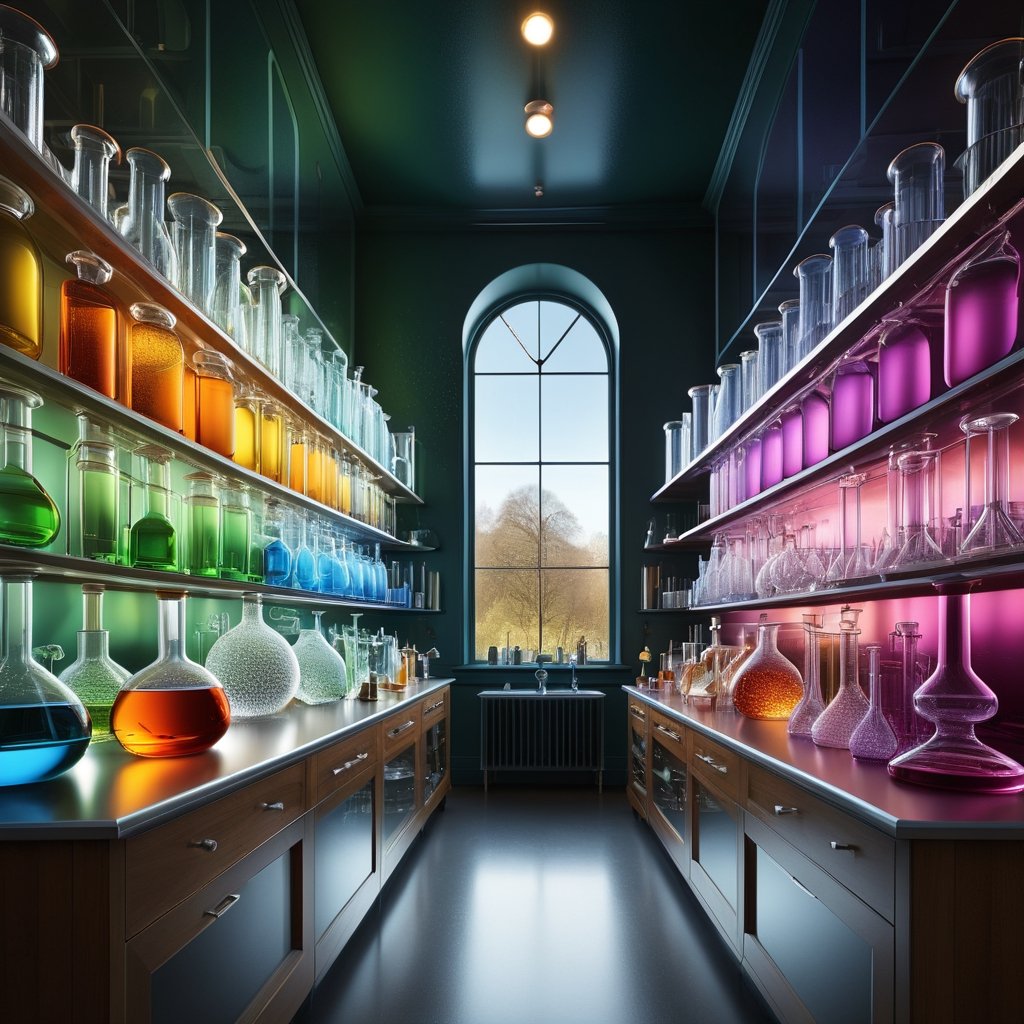 A visually striking depiction of a scientific laboratory, expertly crafted with meticulous detail: a collection of glass flasks aligned in perfect symmetry, showcasing an array of vibrant chemistry and physics elements. This captivating image, perhaps a digital illustration or a photograph, immerses the viewer in a world of scientific discovery. Each flask exudes an air of sophistication and precision, with clarity of glass that allows the viewer to admire the intricate scientific processes taking place within. The colours employed are vibrant, adding a sense of dynamism to the static objects. This high-quality image beautifully captures the essence of scientific exploration, inviting viewers to delve into the captivating realm of scientific discovery.