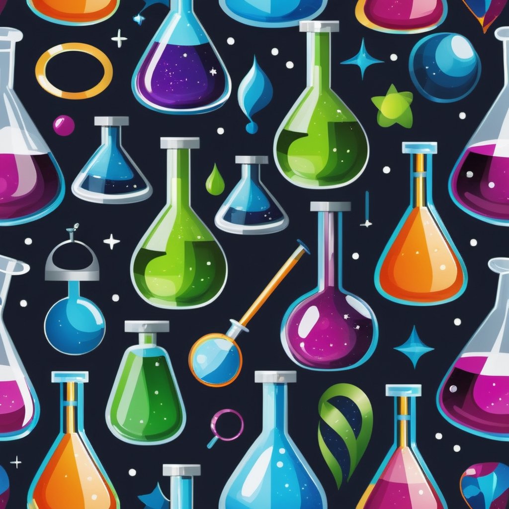 Create an artistic and visually captivating illustration of a science background with glass flasks and elements of chemistry and physics. The flasks can be depicted in a stylized manner, with vibrant colors and unique textures. Incorporate scientific symbols, formulas, and equations in a creative way, forming patterns or abstract designs. Experiment with different artistic styles, such as surrealism or abstract expressionism, to add visual interest to the image. This prompt allows for artistic interpretation and experimentation while maintaining the essence of a scientific design.