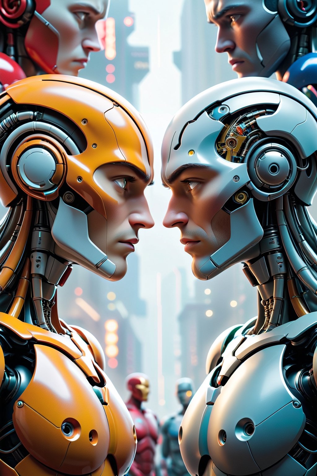 A sophisticated (((professional poster))) design for the epic confrontation between humans and advanced artificial intelligence. The intricate details and realistic colours of the illustrations capture the intensity of the struggle in a stunningly hyperrealistic style. The advanced technology and expert craftsmanship combine to create an unforgettable visual representation of the ultimate war between man and machine.