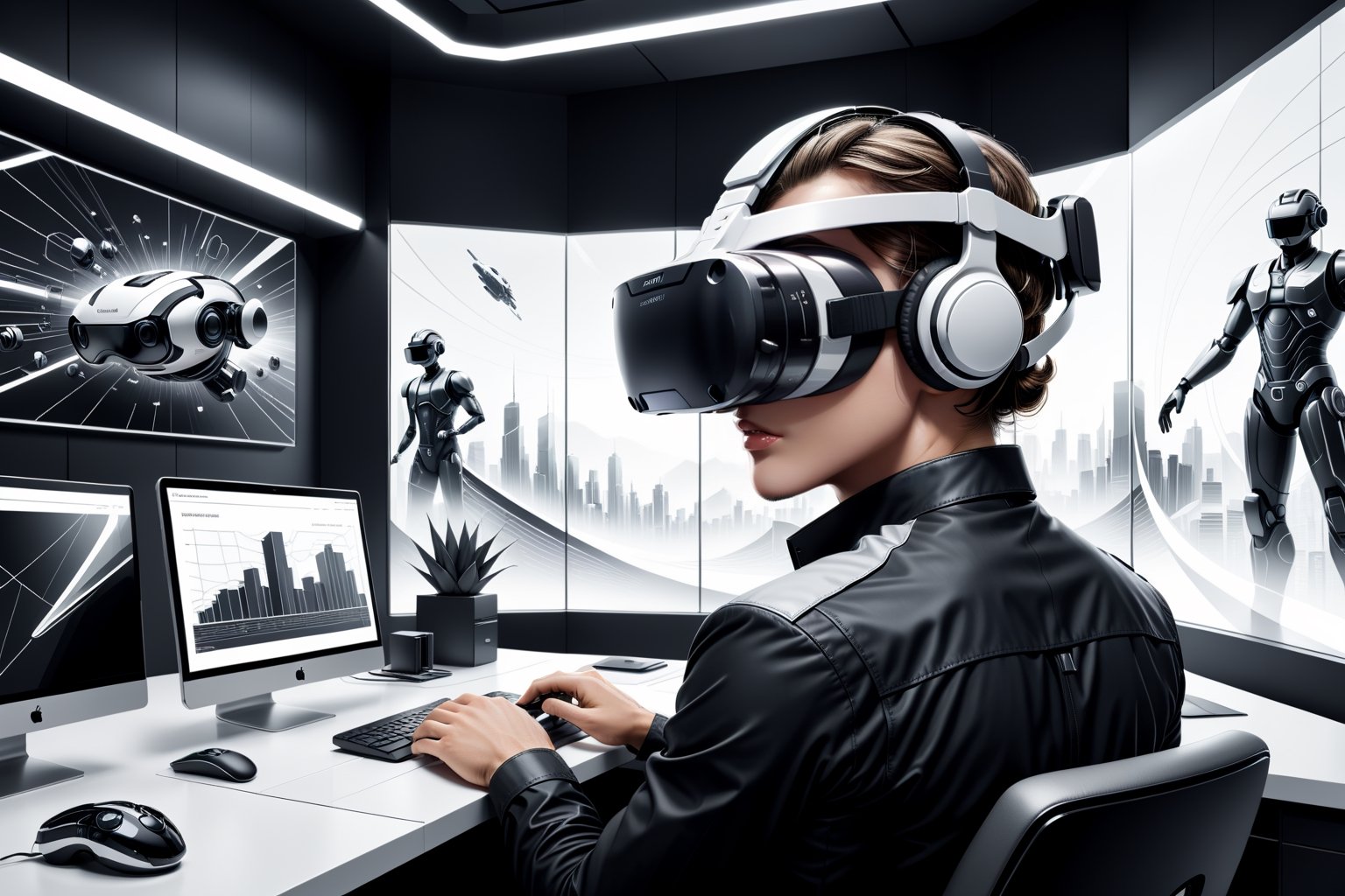 Visualize an unforgettable illustration drawn in a (((line art, monochrome))) style evoking a futuristic office setting. The focal point is a precise close-up of a modern worker wearing a (((VR headset))), embodying a mix of concentration and wonder. The scene is characterized by clean, simple lines and efficient patterns, reflecting a sense of modernity and advanced technology. The worker's attire and the surroundings are elegantly drawn in (monochrome) tones with subtle shading variations, bringing a sense of depth and complexity to the composition. Futuristic digital devices and tools float around the scene, intricate details drawn using minimalist line art, adding an air of sophistication and advanced tech to the illustration