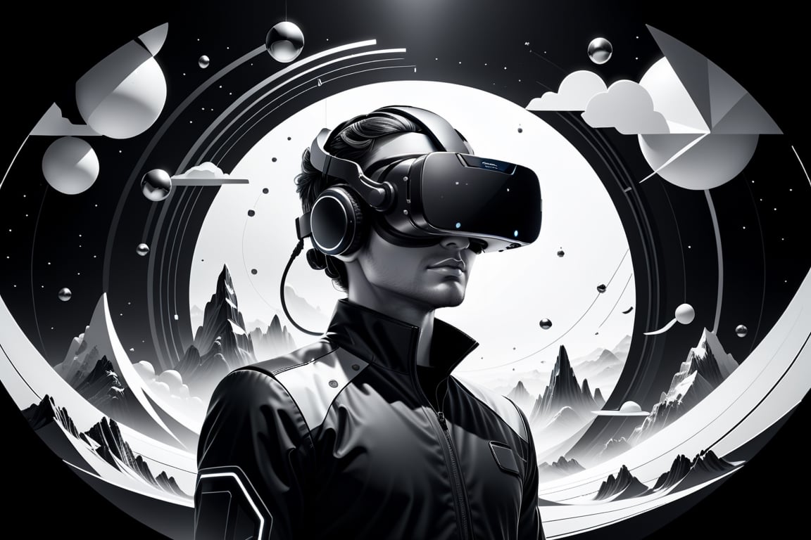 Visualize an intriguing (((illustration))) in a ((line art, monochrome style)) for a modern worker immersed in a (virtual reality) setting. The scene now transports the viewer to an abstract digital landscape, with swirling patterns and ((geometric shapes)) composing the backdrop. The central figure stands out with detailed ((bold lines)) and soft shading, wearing a VR headset, suggesting a mix of focus and fascination. Surrounding them, advanced virtual elements like floating screens and holographic displays blend seamlessly with the futuristic environment. The monochrome palette gives the image a timeless quality, while the clean design aesthetic reflects a modern touch. This advanced illustration invites the viewer to contemplate the boundless potential of virtual exploration and creativity, presented in a compelling flat vector style.