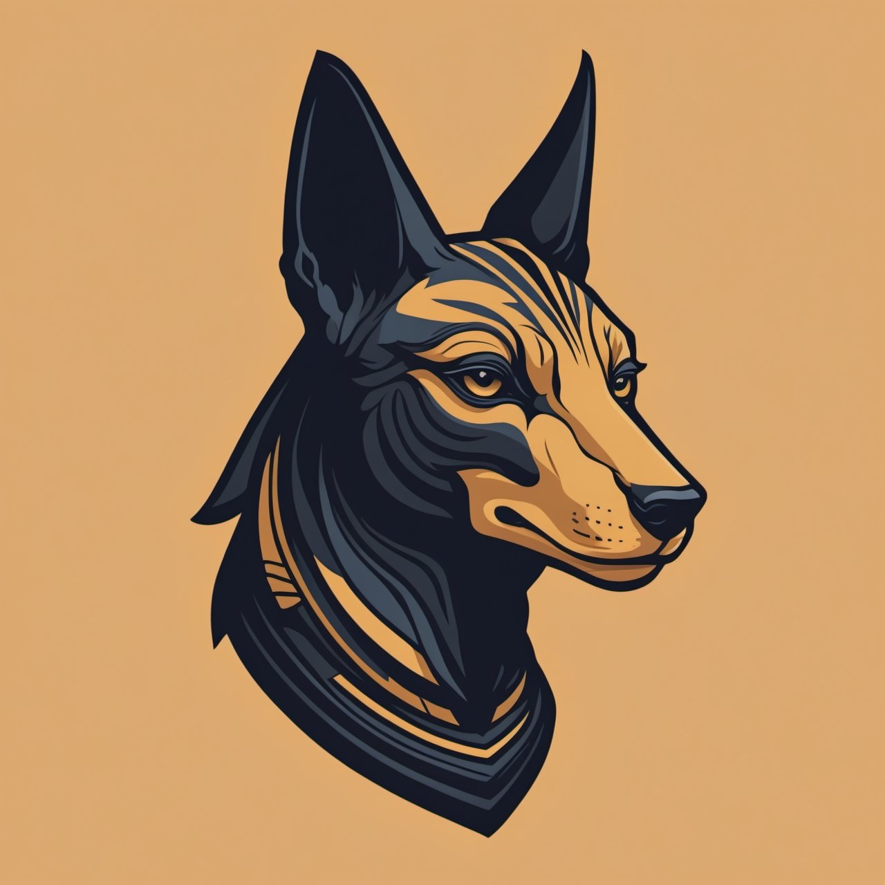 A minimalist t-shirt design with a vintage touch, featuring a sleek and stylish Ancient Egyptian Anubis half close-up face silhouette in muted, charming and dark colours.,<lora:659095807385103906:1.0>