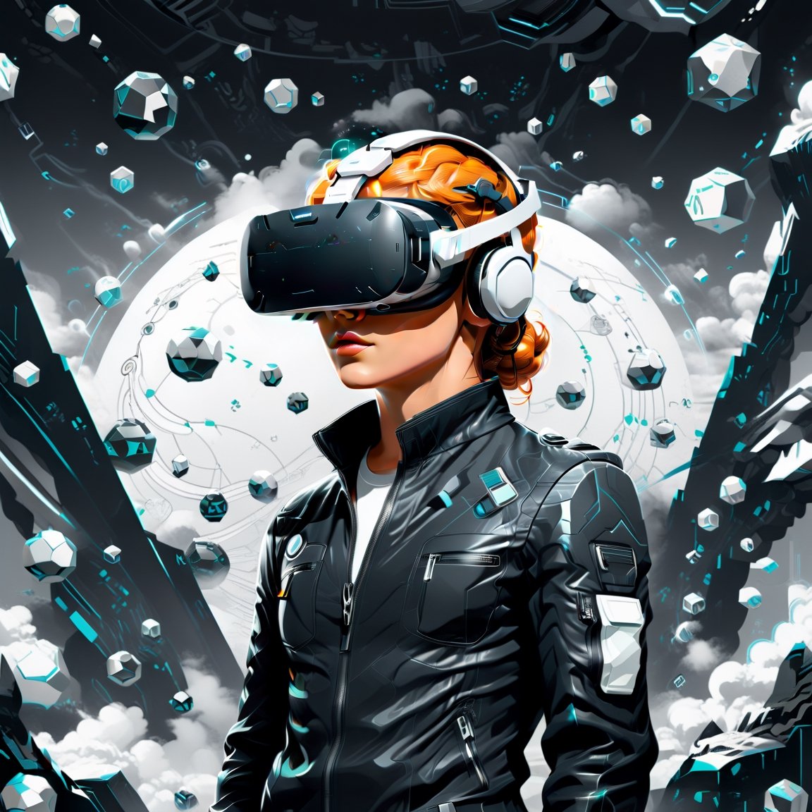 Visualize an intriguing (((illustration))) in a ((line art, monochrome style)) for a modern worker immersed in a (virtual reality) setting. The scene now transports the viewer to an abstract digital landscape, with swirling patterns and ((geometric shapes)) composing the backdrop. The central figure stands out with detailed ((bold lines)) and soft shading, wearing a VR headset, suggesting a mix of focus and fascination. Surrounding them, advanced virtual elements like floating screens and holographic displays blend seamlessly with the futuristic environment. The monochrome palette gives the image a timeless quality, while the clean design aesthetic reflects a modern touch. This advanced illustration invites the viewer to contemplate the boundless potential of virtual exploration and creativity, presented in a compelling flat vector style.