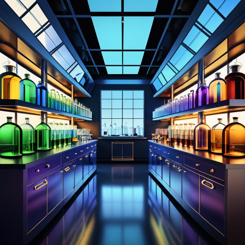 A visually striking depiction of a scientific laboratory, expertly crafted with meticulous detail: a collection of glass flasks align in perfect symmetry, showcasing an array of vibrant chemistry and physics elements. This captivating image, perhaps a digital illustration or a photograph, immerses the viewer in a world of scientific discovery. Each flask exudes an air of sophistication and precision, with clarity of glass that allows the viewer to admire the intricate scientific processes taking place within. The colors employed are rich and vibrant, adding a sense of dynamism to the static objects. This high-quality image beautifully captures the essence of scientific exploration, inviting viewers to delve into the captivating realm of scientific discovery.