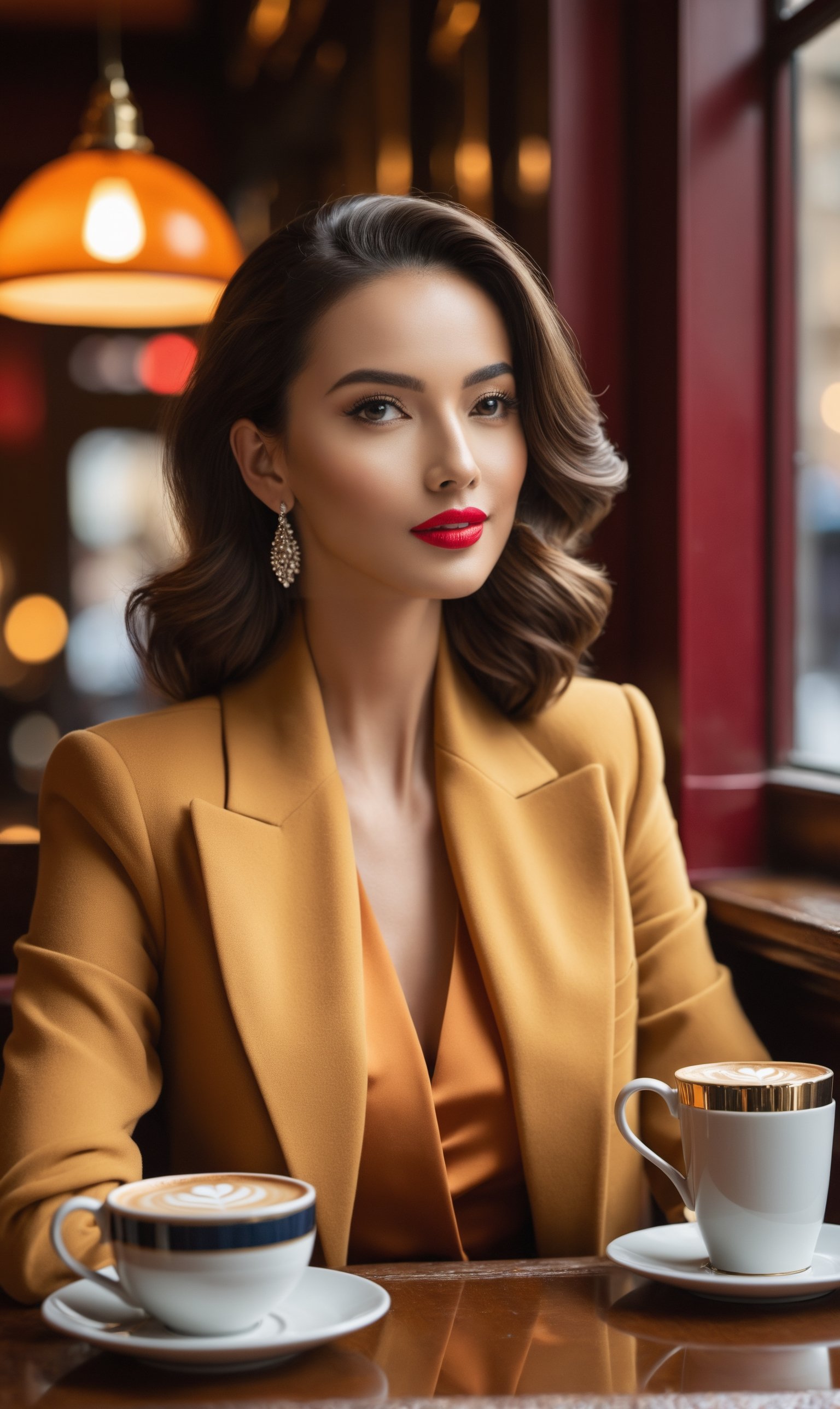 A (((poised and elegant female model))), confidently settled at a cosy corner table in a bustling city pub, enjoying a cup of coffee amidst a vibrant atmosphere. She exudes an air of composure and grace, dressed in a mix of classic elegance and modern minimalism, bringing timeless style to the surroundings