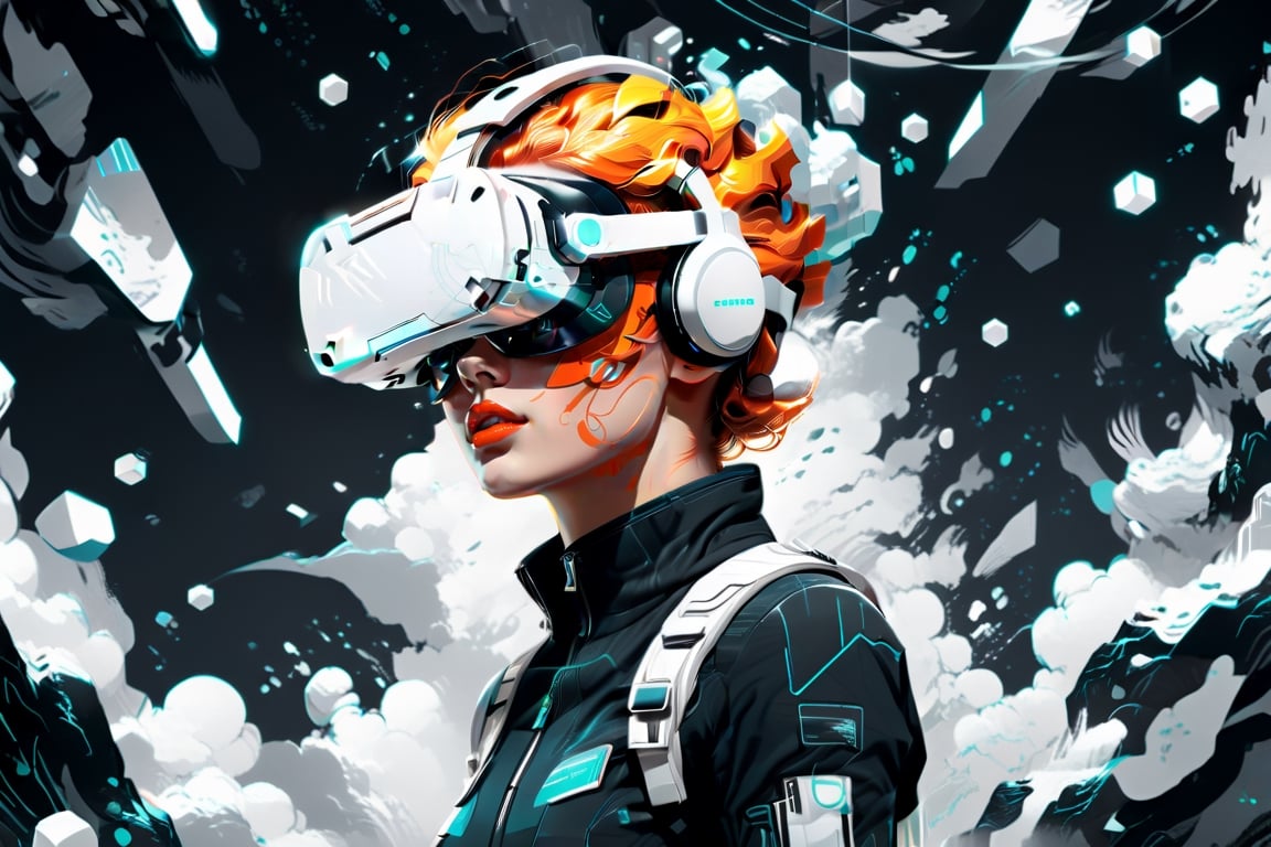 Visualize an intriguing (((illustration))) in a ((line art, monochrome style)) for a modern worker immersed in a (virtual reality) setting. The scene now transports the viewer to an abstract digital landscape, with swirling patterns and ((geometric shapes)) composing the backdrop. The central figure stands out with detailed ((bold lines)) and soft shading, wearing a VR headset, suggesting a mix of focus and fascination. Surrounding them, advanced virtual elements like floating screens and holographic displays blend seamlessly with the futuristic environment. The monochrome palette gives the image a timeless quality, while the clean design aesthetic reflects a modern touch. This advanced illustration invites the viewer to contemplate the boundless potential of virtual exploration and creativity, presented in a compelling flat vector style.