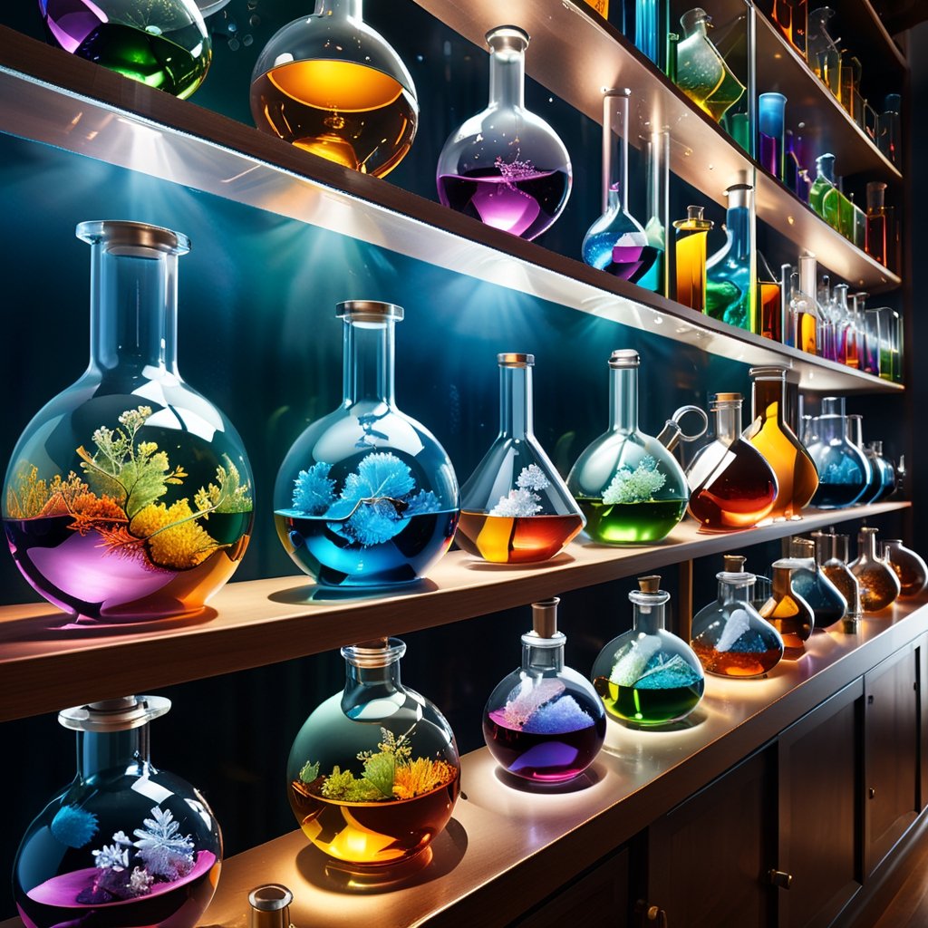 A visually striking depiction of a scientific laboratory, expertly crafted with meticulous detail: a collection of glass flasks align in perfect symmetry, showcasing an array of vibrant chemistry and physics elements. This captivating image, perhaps a digital illustration or a photograph, immerses the viewer in a world of scientific discovery. Each flask exudes an air of sophistication and precision, with clarity of glass that allows the viewer to admire the intricate scientific processes taking place within. The colors employed are rich and vibrant, adding a sense of dynamism to the static objects. This high-quality image beautifully captures the essence of scientific exploration, inviting viewers to delve into the captivating realm of scientific discovery.