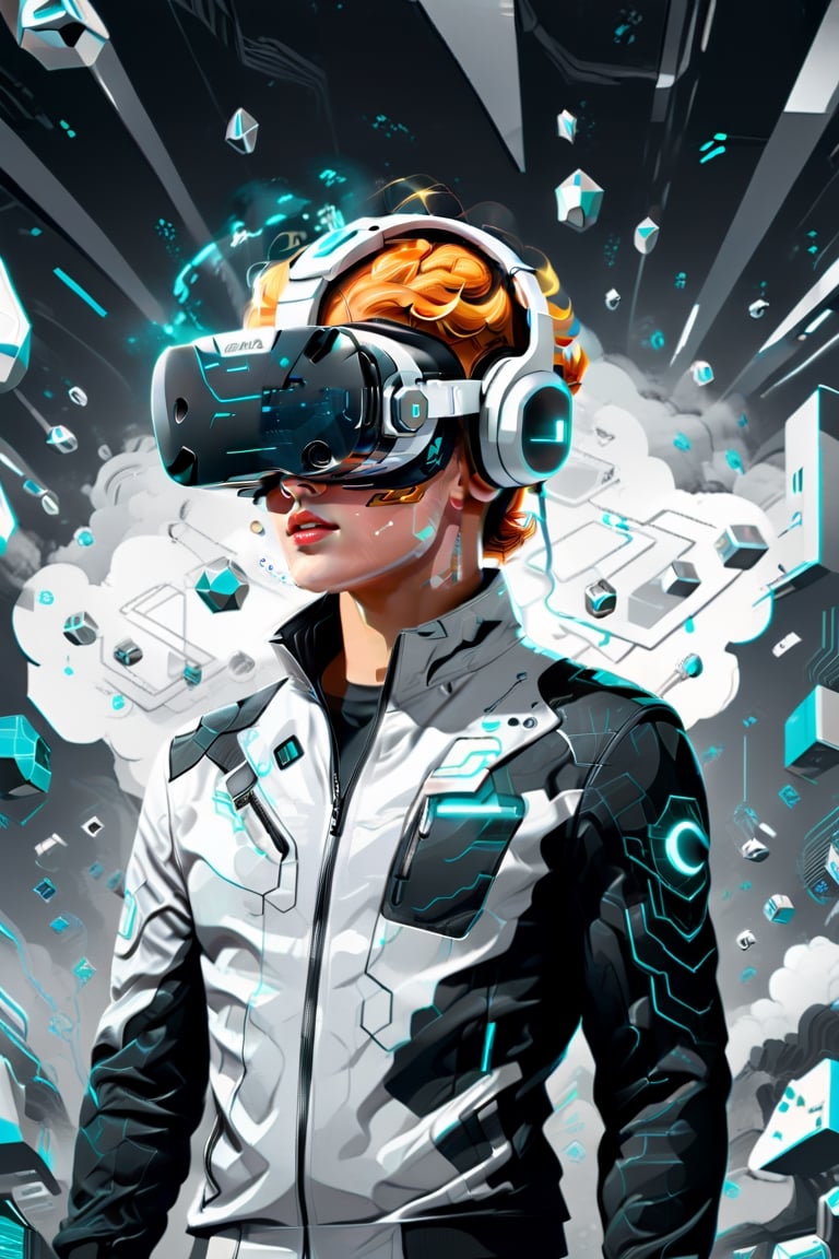 Visualize an intriguing (((illustration))) in a ((line art, monochrome style)) for a modern worker immersed in a (virtual reality) setting. The scene now transports the viewer to an abstract digital landscape, with swirling patterns and ((geometric shapes)) composing the backdrop. The central figure stands out with detailed ((bold lines)) and soft shading, wearing a VR headset, suggesting a mix of focus and fascination. Surrounding them, advanced virtual elements like floating screens and holographic displays blend seamlessly with the futuristic environment. The monochrome palette gives the image a timeless quality, while the clean design aesthetic reflects a modern touch. This advanced illustration invites the viewer to contemplate the boundless potential of virtual exploration and creativity, presented in a compelling flat vector style.