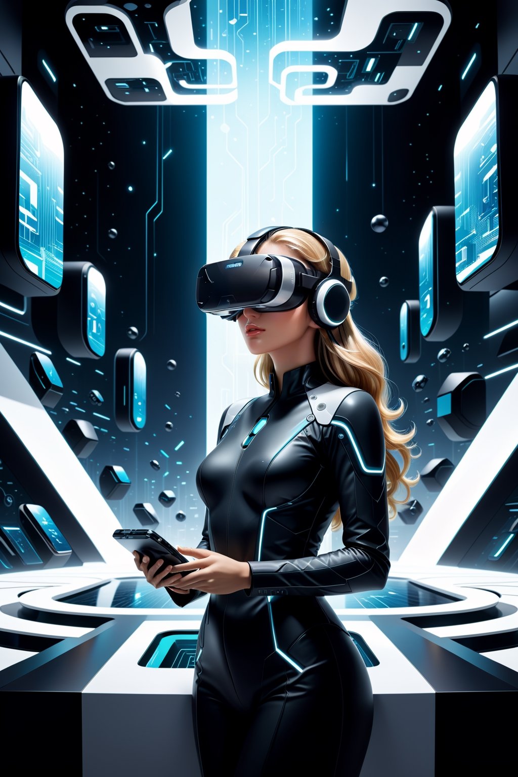 Visualize a sleek (((line art scene))), where a modern worker immerses themselves in a (((mesmerizing virtual reality world))). Bold, interlocking geometric shapes and swirling patterns compose the backdrop, with the central figure, elegantly drawn with sharp edges and soft shading, wearing a VR headset, transfixed by the digital realm. Glowing, floating screens and holographic displays add to the futuristic atmosphere. In a timeless monochrome color scheme, this illustration invites contemplation on the boundless potential of virtual exploration. A subtle phrase, "Virtual Reality Portfolio," hints at modern innovation and advanced technology.