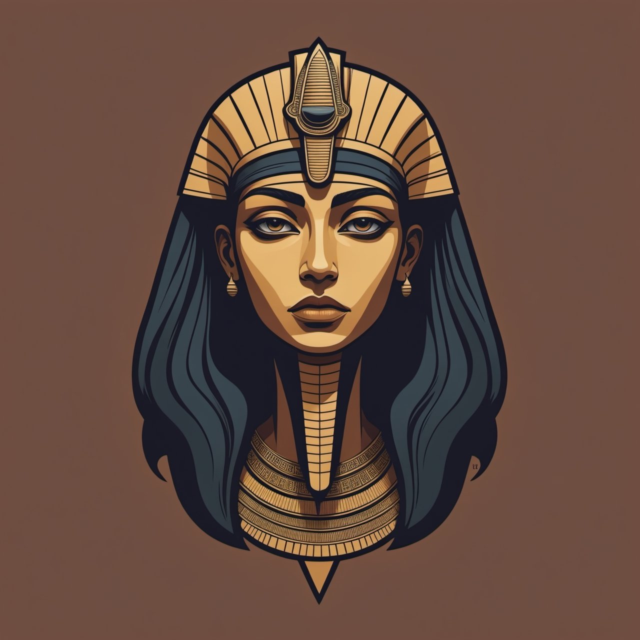 A minimalist t-shirt design with a vintage touch, featuring a sleek and stylish Ancient Egyptian Isis half close-up face silhouette in muted, charming and dark colours.,<lora:659095807385103906:1.0>