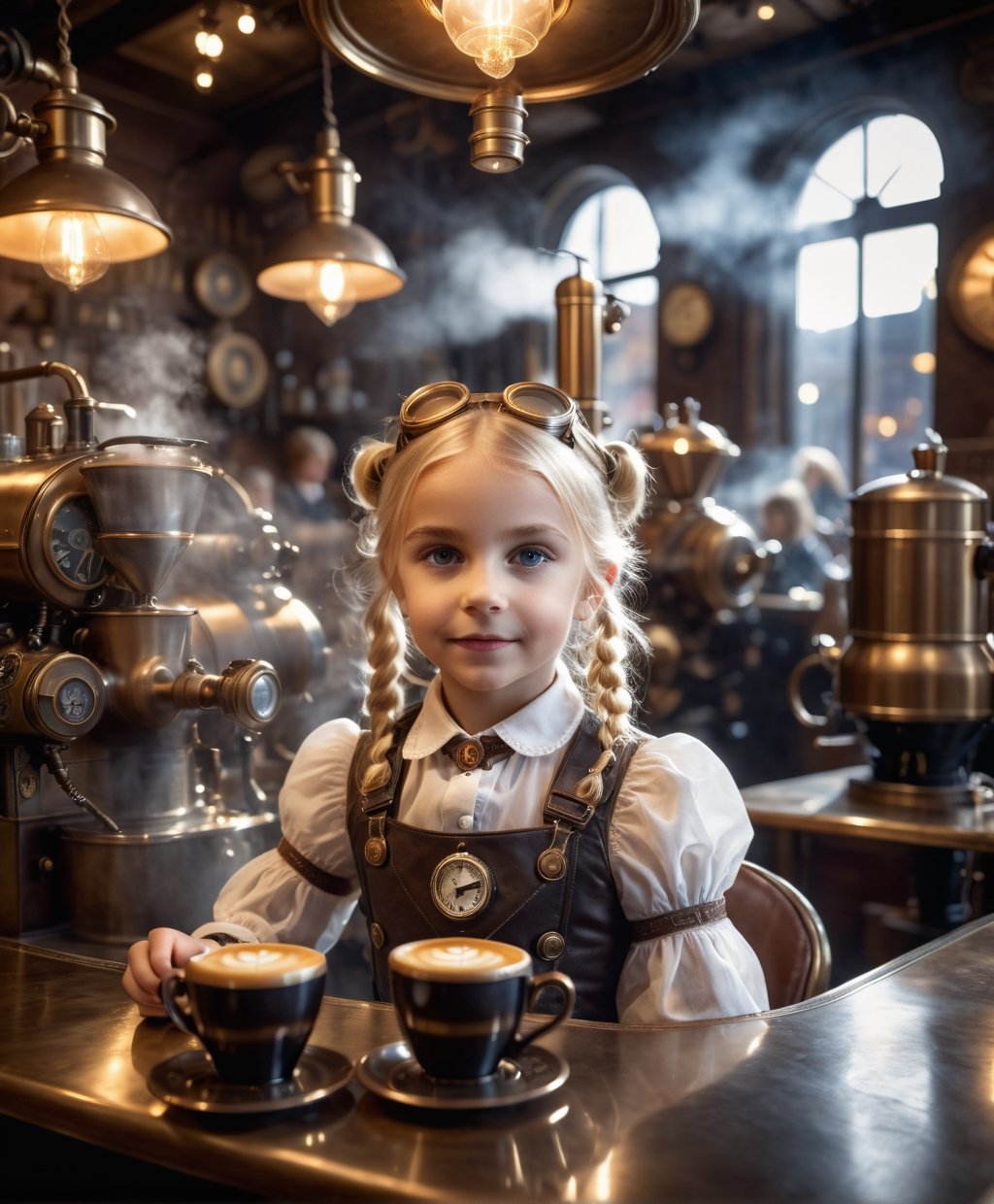 little_girl 10-year-old, blonde hair, sitting in a steampunk coffee shop, looking into the camera over a mug of steaming coffee, dramatic light, flash, ultra - realistic wind machine, super wide angle, she is very detailed in 8K,steampunk style,steampunk