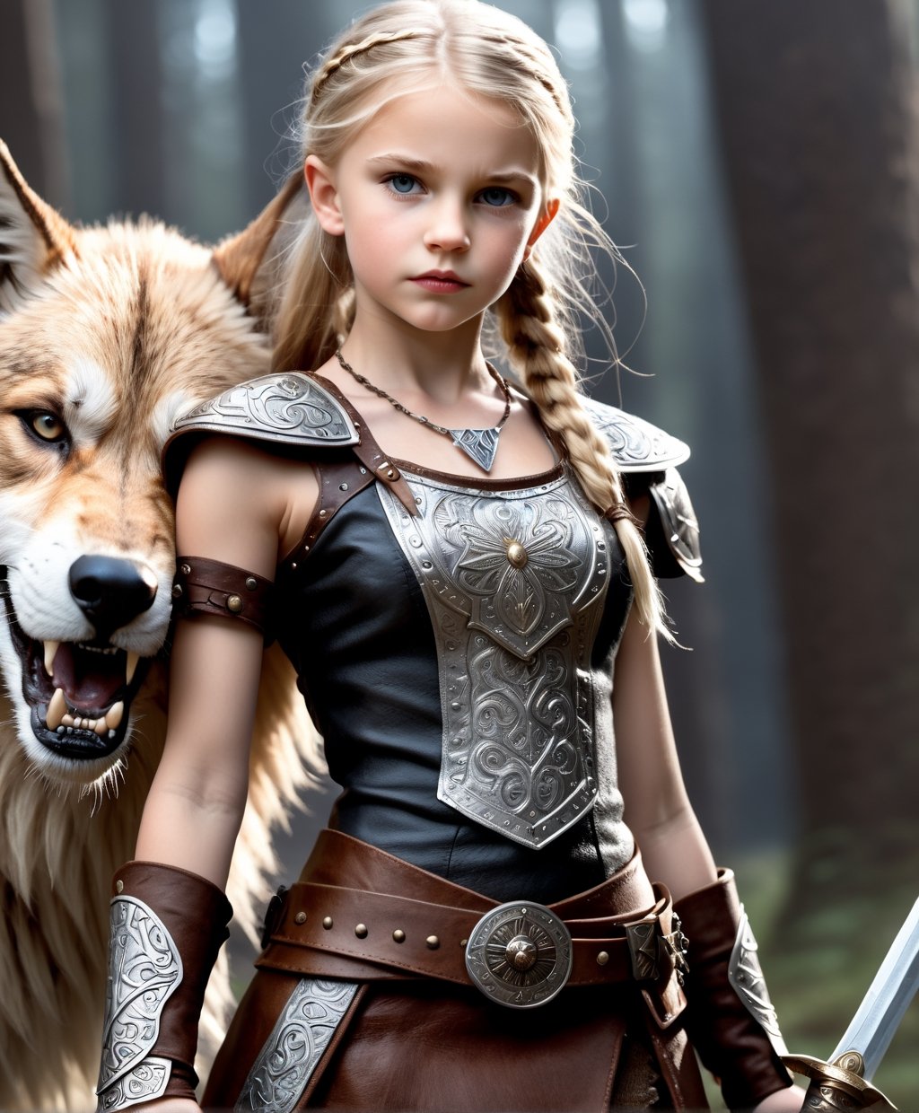 slim body, (masterpiece, best quality, highres:1.3), (1 girl:1.3), extremely realistic human face, full body, Viking dress, 10-year old little girl with dagger, stern look, fantasy setting, ferocious wolf, blonde hair,steampunk style,photorealistic