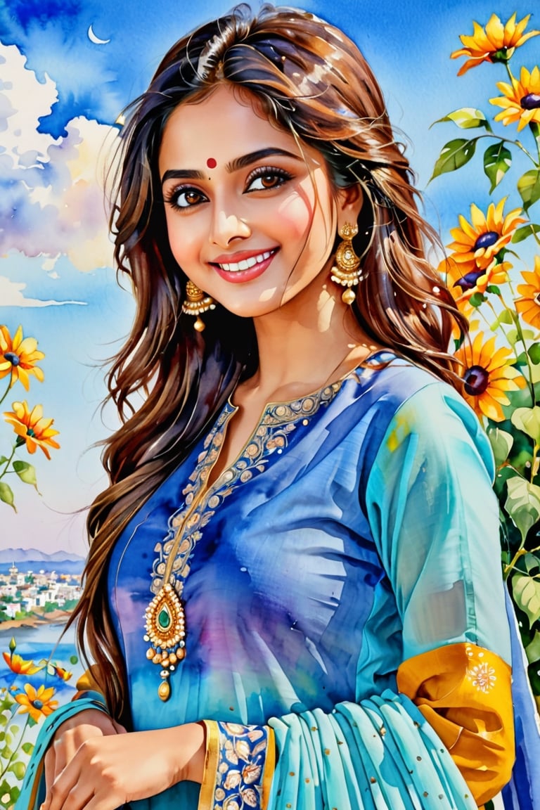 (watercolor medium:1.3), (watercolor painting:1.5), //quality Masterpiece, ultra detailed, hyper high quality, quality beyond the limits of AI, the ultimate in wisdom, top of the line quality, 8K, //Character 1girl, Beautiful eyes, detailed eyes, big eyes, grin, fine face, //Fashion (Sharara Kameez:1.3), //Background Beautiful blue sky, calm sunshine, flower garden