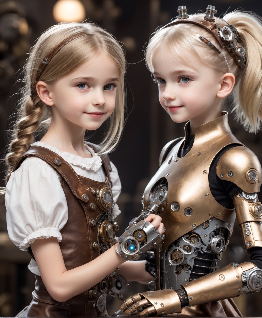 little_girl 10-year-old, slim body, (masterpiece, best quality, highres:1.3), (2 girls:1.3), extremely realistic human face, shy smile, full body, steampunk dress, girl using tool to repair and construct cyborg arm, repair parts of cyborg, attaching arm to cyborg, blonde hair,steampunk style