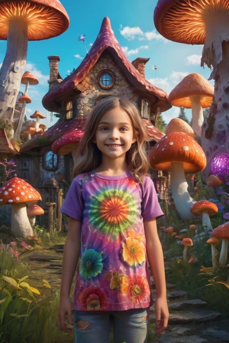 1 Little girl,10 years old,(slender), high resolution, photorealistic, detailed face, bright smile, standing outside elaborate psychedelic mushroom house, detailed eyes