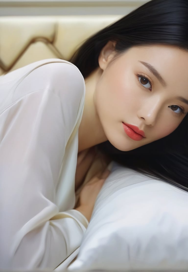 Best quality, masterpiece, super high resolution, (realism: 1.4), face, , (( long straight black hair, )), pale skin, headboard, with ((black top))